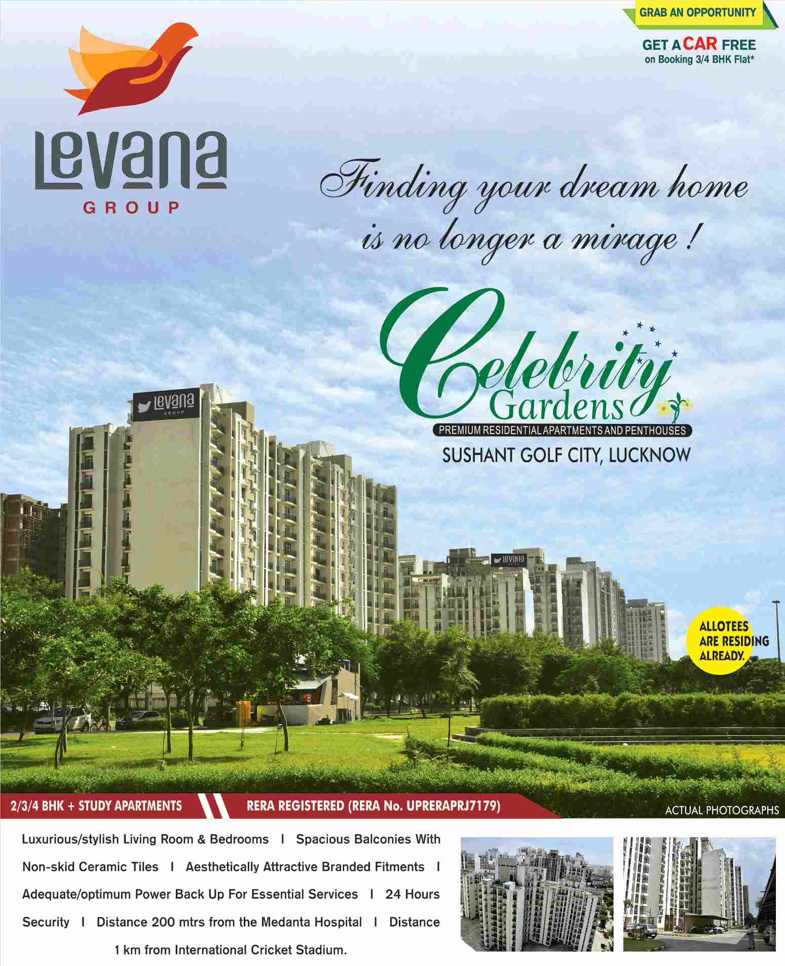 Get a car free on booking 3 & 4 BHK flats at Levana Celebrity Gardens in Lucknow Update
